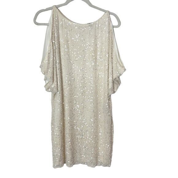 Aidan Mattox Beaded Silk Sequin White Mini Dress sz 4 Off Cold Shoulder Sparkly - Picture 1 of 16